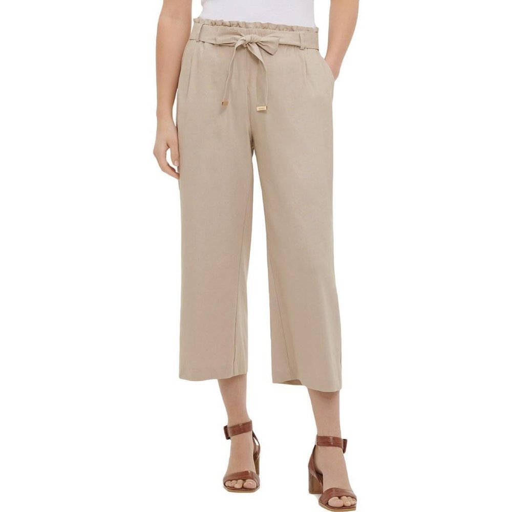 Women's Calvin Klein Spring Linen Blend Paper Bag Pants w/Gold Edged Belt